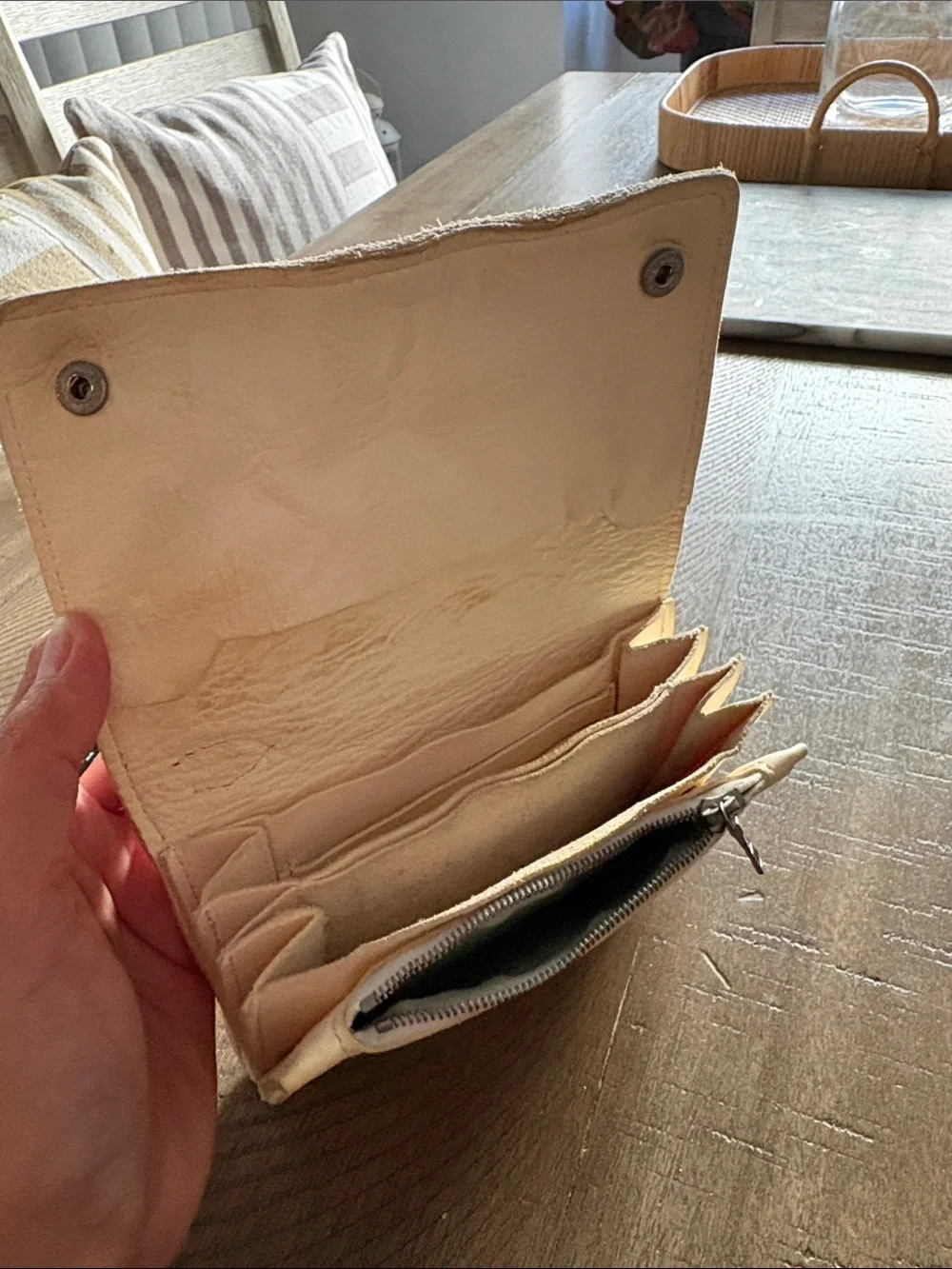 Hand-Tooled Leather Wallet Clutch in Light Beige